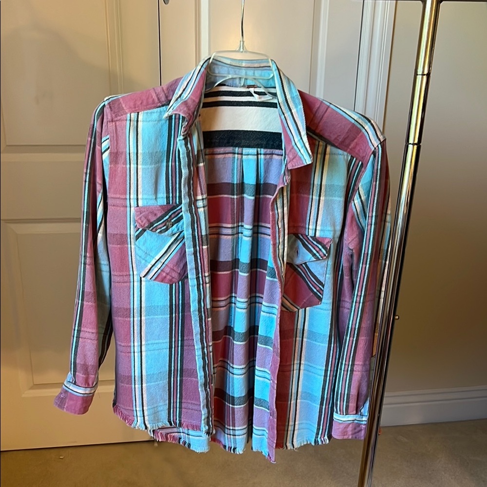 Pink and blue flannel plaid beach shirt